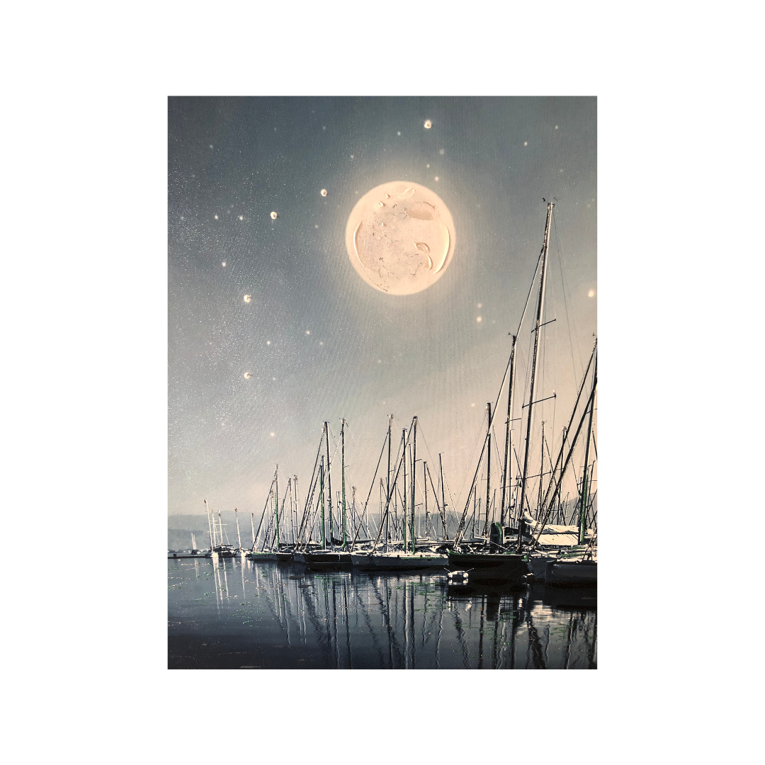 Stampa su tela - Retouchè - Barche in una notte di luna piena - 90x180