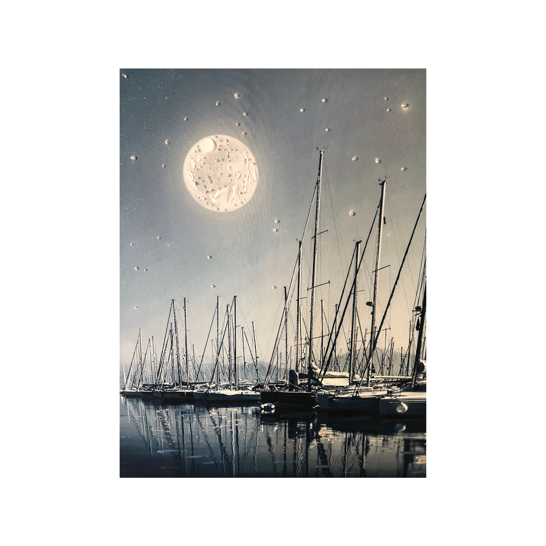 Stampa su tela - Retouchè - Barche in una notte di luna piena - 70x140